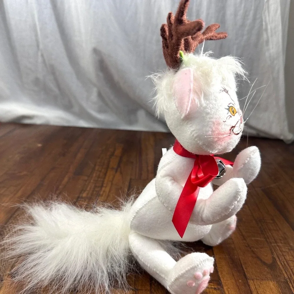 Annalee 2008 Christmas White Cat Reindeer Plush Jingle Bell Retired Vintage  Y2K